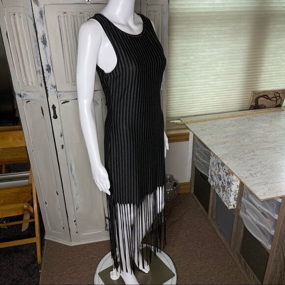 Cleo Black Gray Stripe Fringe Hemline Sleeveless Midi Dress Size Medium - Picture 14 of 16